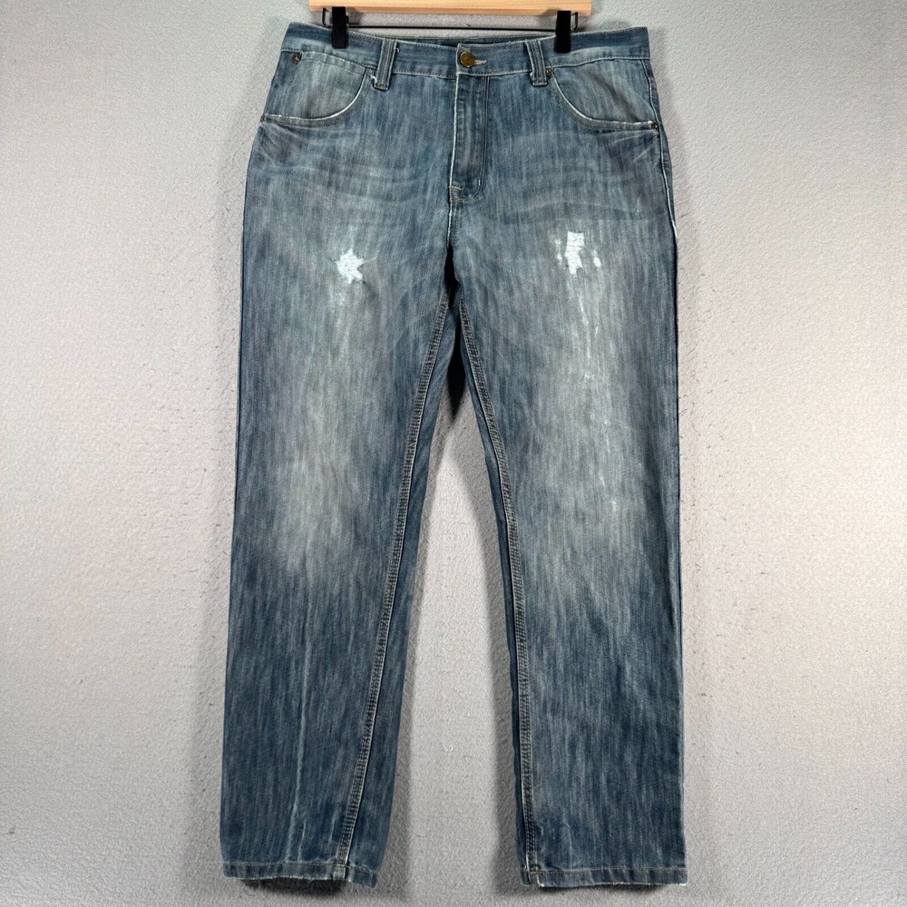 PD&C Slim Straight Jeans Mens 34x30 Blue Medium Wash Classic Distressed Denim - Picture 1 of 16